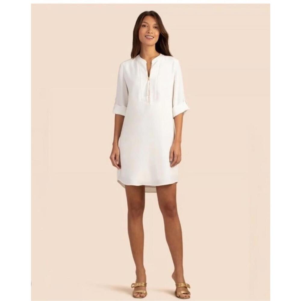TRINA TURK CLASSIC IVORY SHIFT CREPE DRESS SZ 0 XS FRONT TIE  3/4 SLEEVES LINED